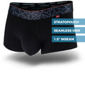 Black men's trunks featuring a contoured Pouch with mesh liner for support without a fly, patterned waistband, seamless hems and a 1.5" inseam. Front Image.