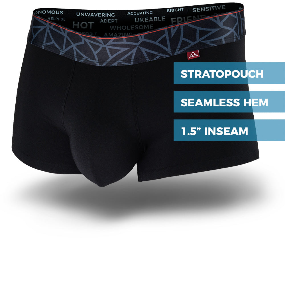 Black men's trunks featuring a contoured Pouch with mesh liner for support without a fly, patterned waistband, seamless hems and a 1.5" inseam. Front Image.