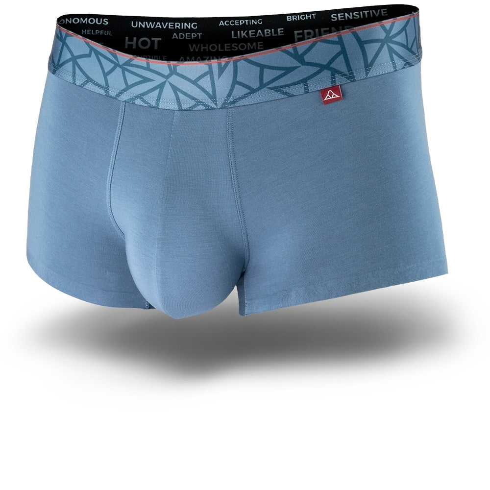 Wailea Blue men's trunks featuring a contoured Pouch with mesh liner for support without a fly, patterned waistband, seamless hems and a 1.5" inseam. Front Image.