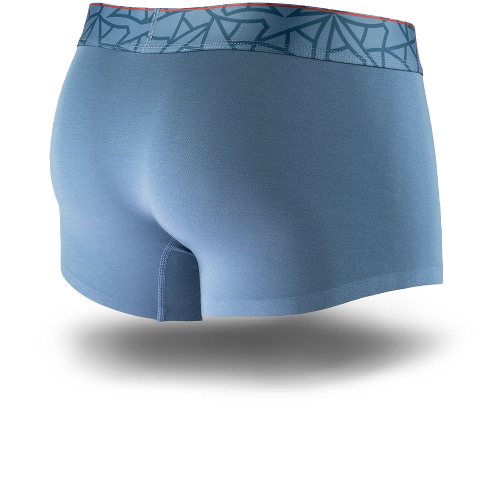 Wailea Blue men's trunks featuring a contoured Pouch with mesh liner for support without a fly, patterned waistband, seamless hems and a 1.5" inseam. Back Image.
