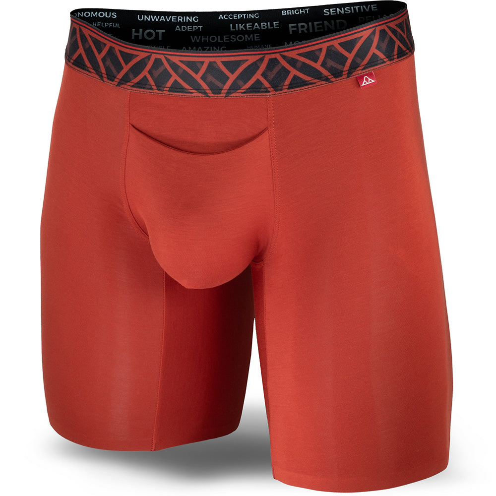 Red boxer briefs with a black and red waistband on a white background