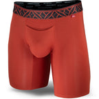 Red boxer briefs with a black and red waistband on a white background
