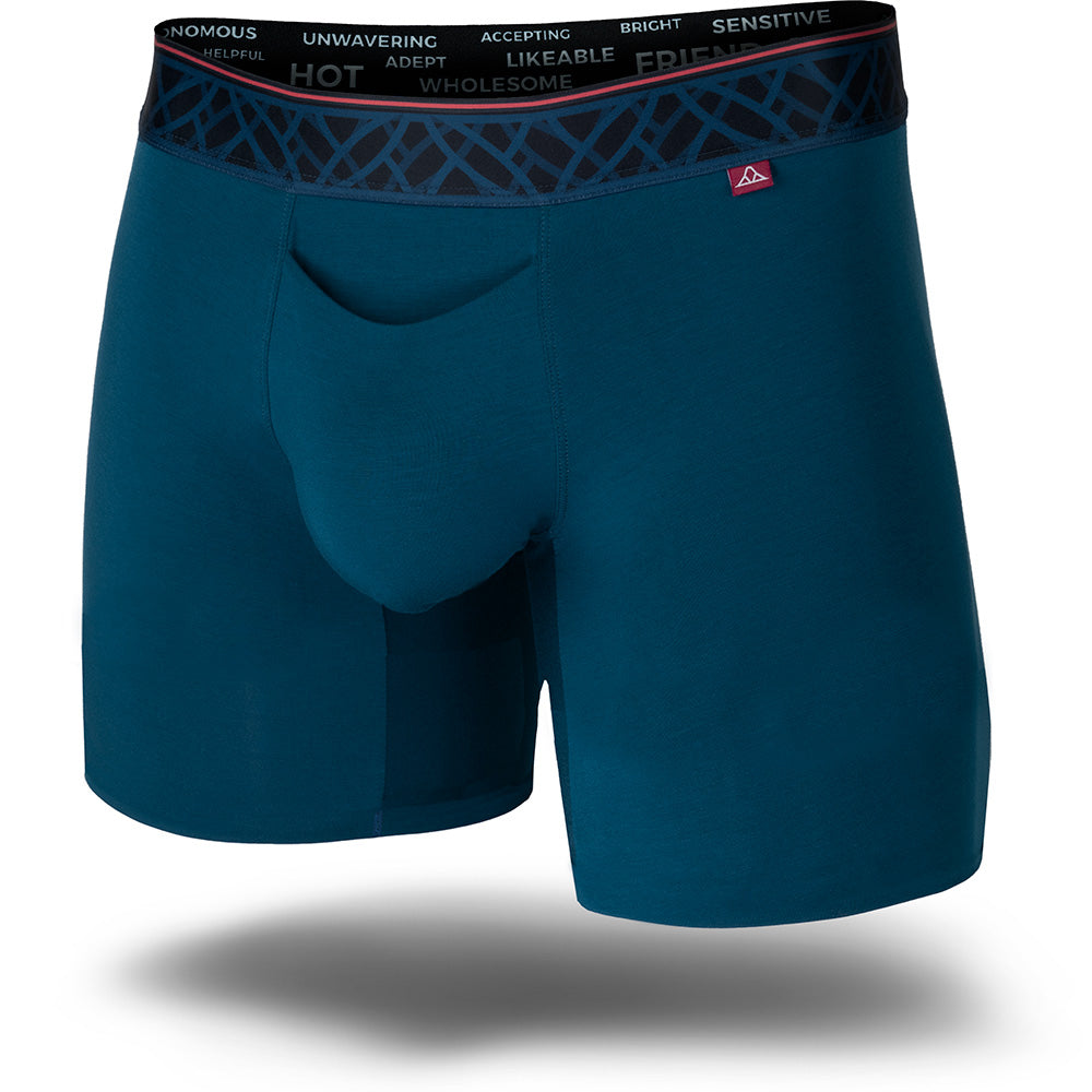 Blue boxer briefs with a brand logo on a white background