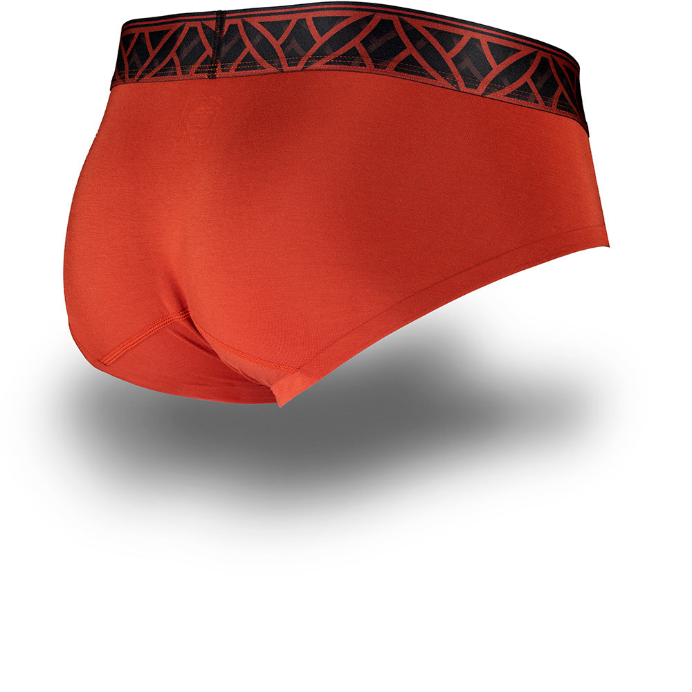 Red men's underwear with black waistband design on a white background