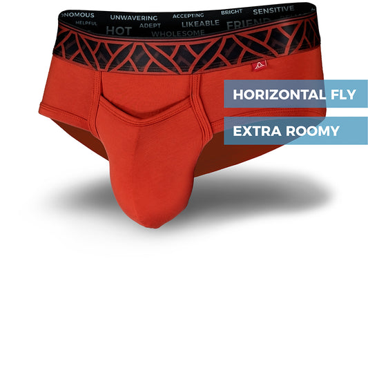 Pinatubo Lava Red men's briefs with black patterned waistband and horizontal fly. Front Image.