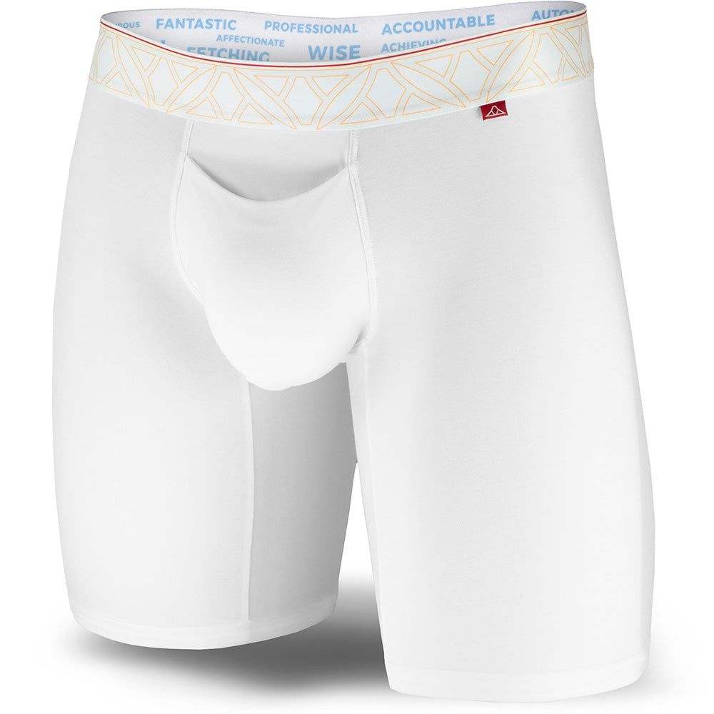 White boxer briefs with a patterned waistband on a white background