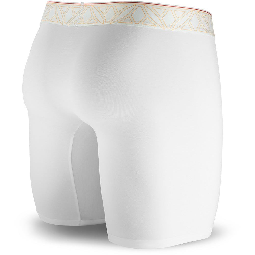 White athletic shorts with a geometric pattern on the waistband against a white background