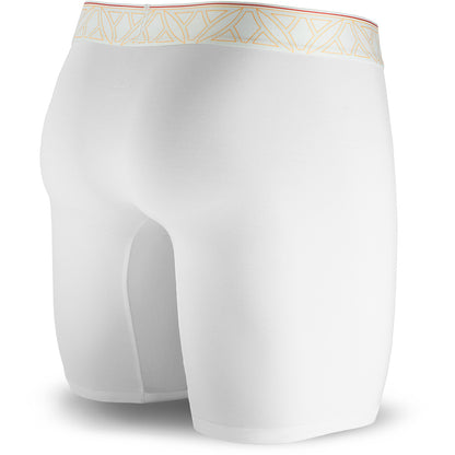 White athletic shorts with a geometric pattern on the waistband against a white background