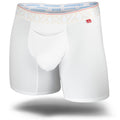 White boxer briefs with a patterned waistband on a white background