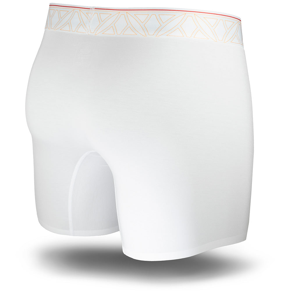 White boxer briefs with a patterned waistband on a white background