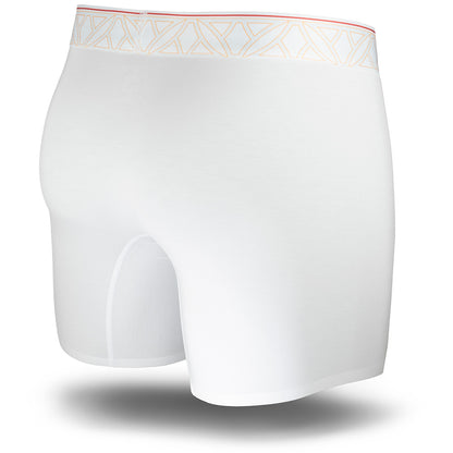 White boxer briefs with a patterned waistband on a white background