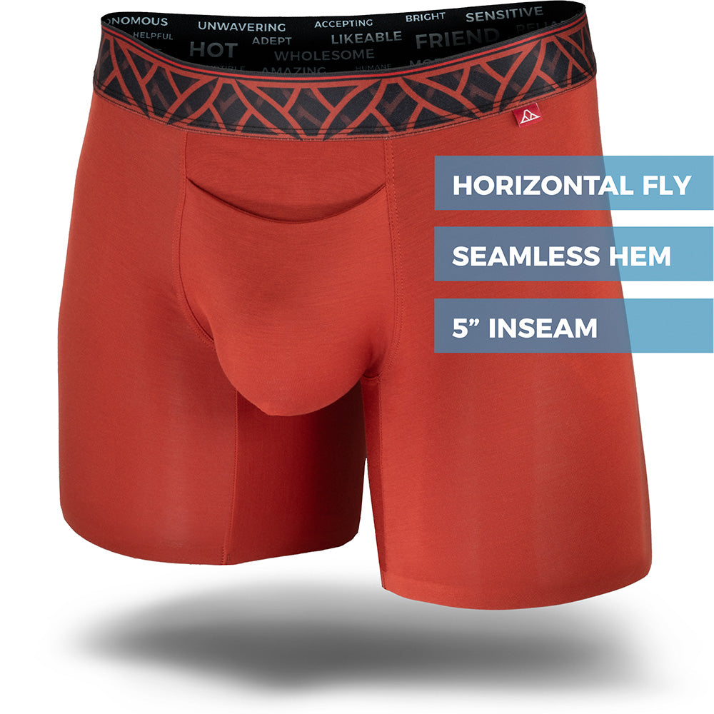 Red boxer briefs with a patterned waistband on a white background