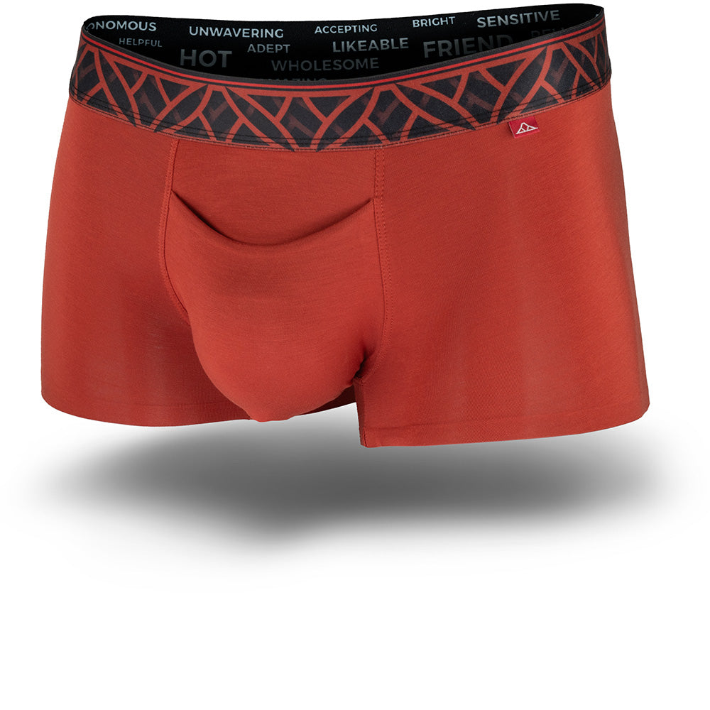 Red boxer briefs with a black and red waistband on a white background