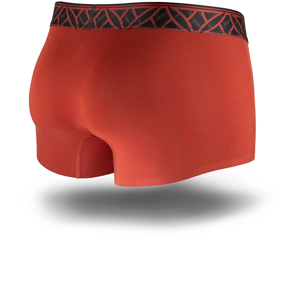 Red boxer briefs with a patterned waistband on a white background