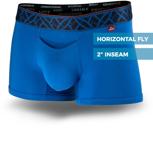 Blue men's trunks featuring a contoured Pouch for support with a fly, a black patterned waistband. and a 2" inseam. Front Image.