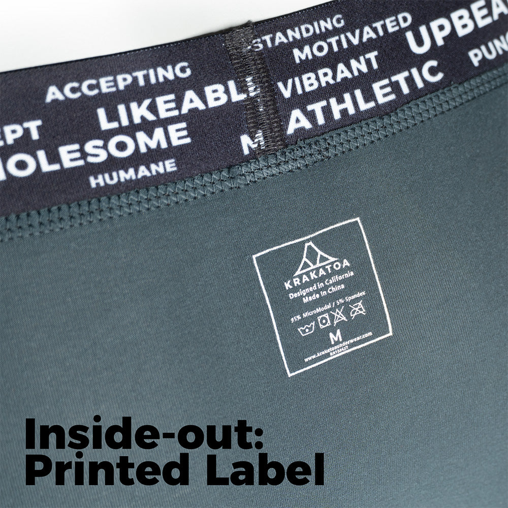 Pinatubo Trunks inside-out showing printed washing label