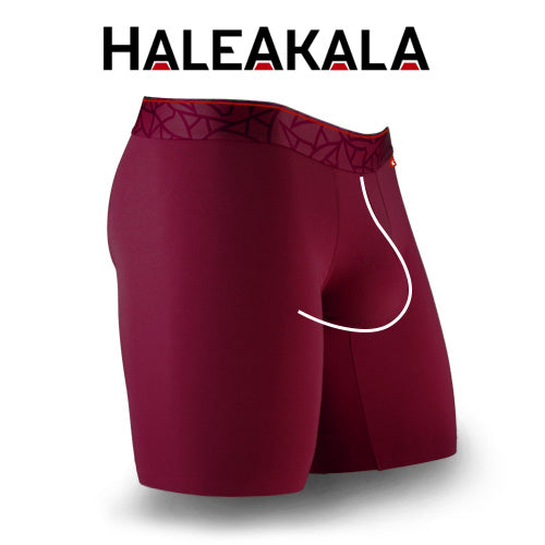 Maroon athletic shorts with a patterned waistband on a white background, featuring the Haleakala brand.