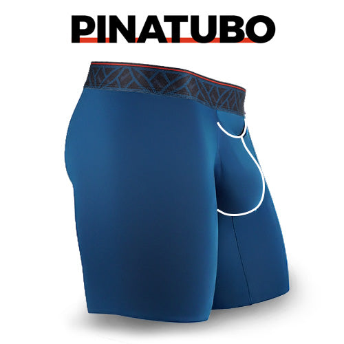 Black athletic shorts with a geometric waistband on a white background, featuring the brand 'PINATUBO'.