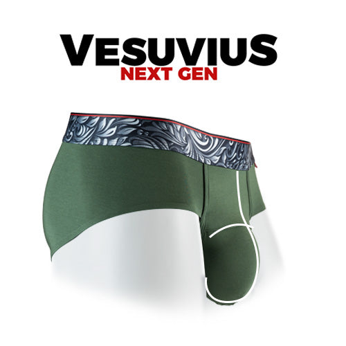 Vesuvius side view with pouch showing lower pouch with horizontal fly.