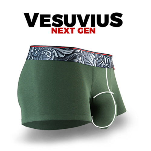 Vesuvius side view with pouch showing lower pouch with horizontal fly.