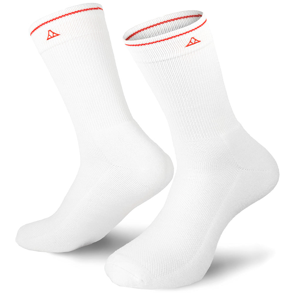 White crew size socks with red line on the neck and red Krakatoa logo stitched on the sides of the neck, on a white background