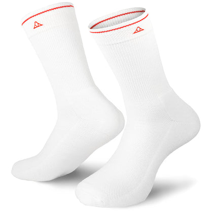 White crew size socks with red line on the neck and red Krakatoa logo stitched on the sides of the neck, on a white background