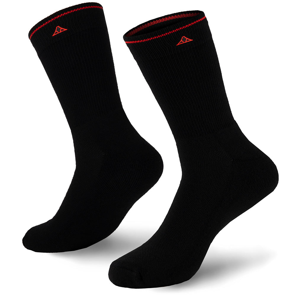 Black crew size socks with red line on the neck and red Krakatoa logo stitched on the sides of the neck, on a white background