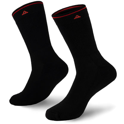 Black crew size socks with red line on the neck and red Krakatoa logo stitched on the sides of the neck, on a white background