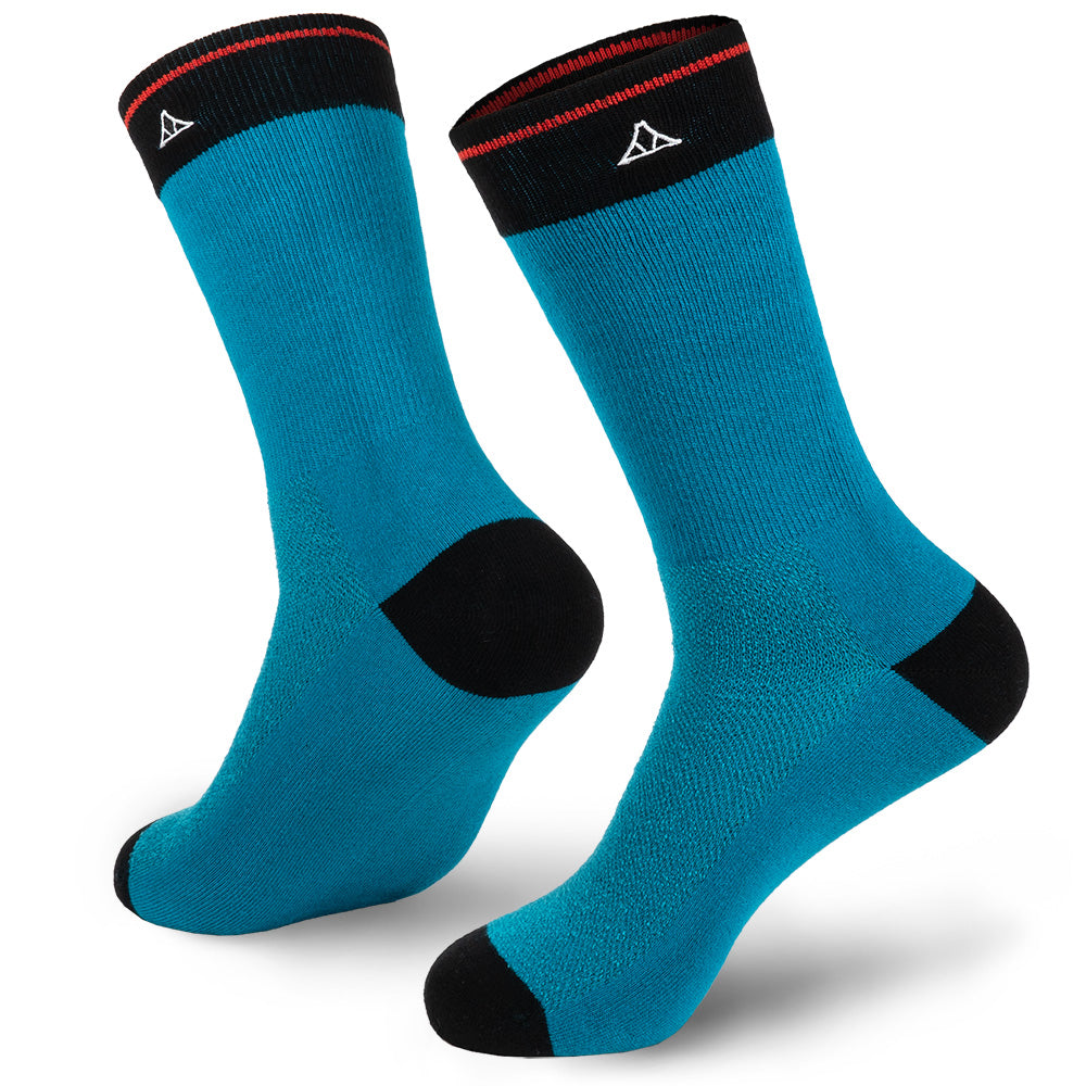 Cancun Blue cotton crew socks featuring black heel and toe padding.