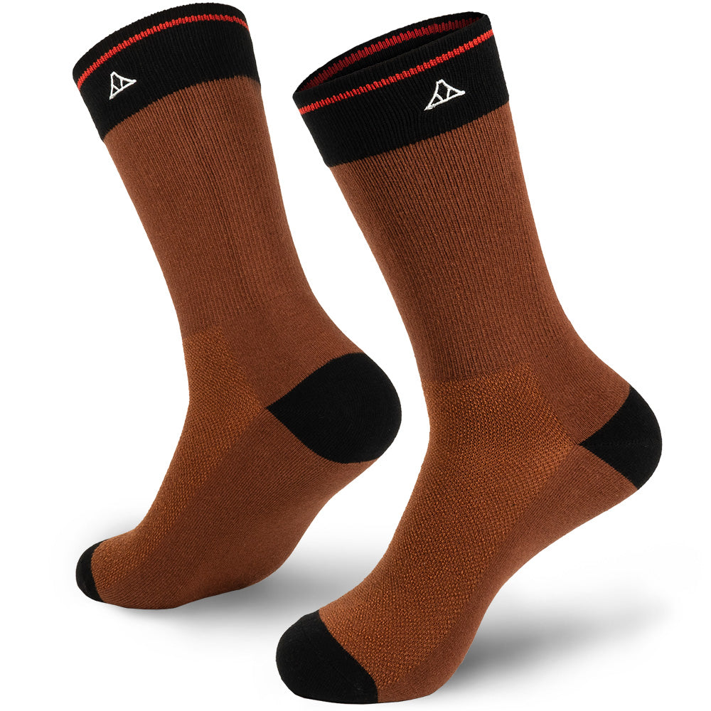 Cinnamon Brown cotton crew socks featuring black heel and toe padding.