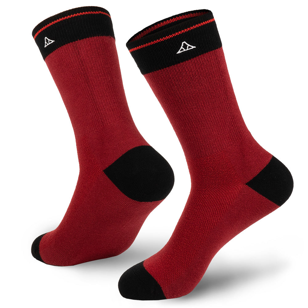 Crimson Red cotton crew socks featuring black heel and toe padding.