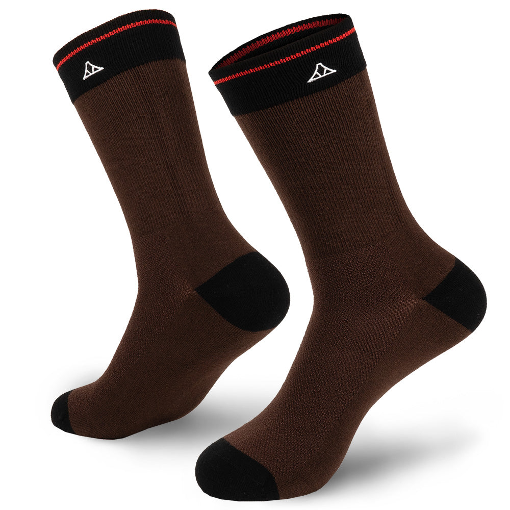 Espresso Brown cotton crew socks featuring black heel and toe padding.