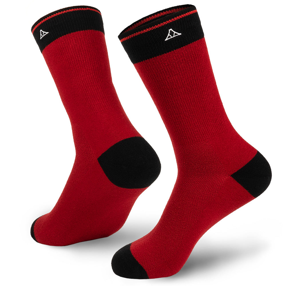 Fire Red cotton crew socks featuring black heel and toe padding.