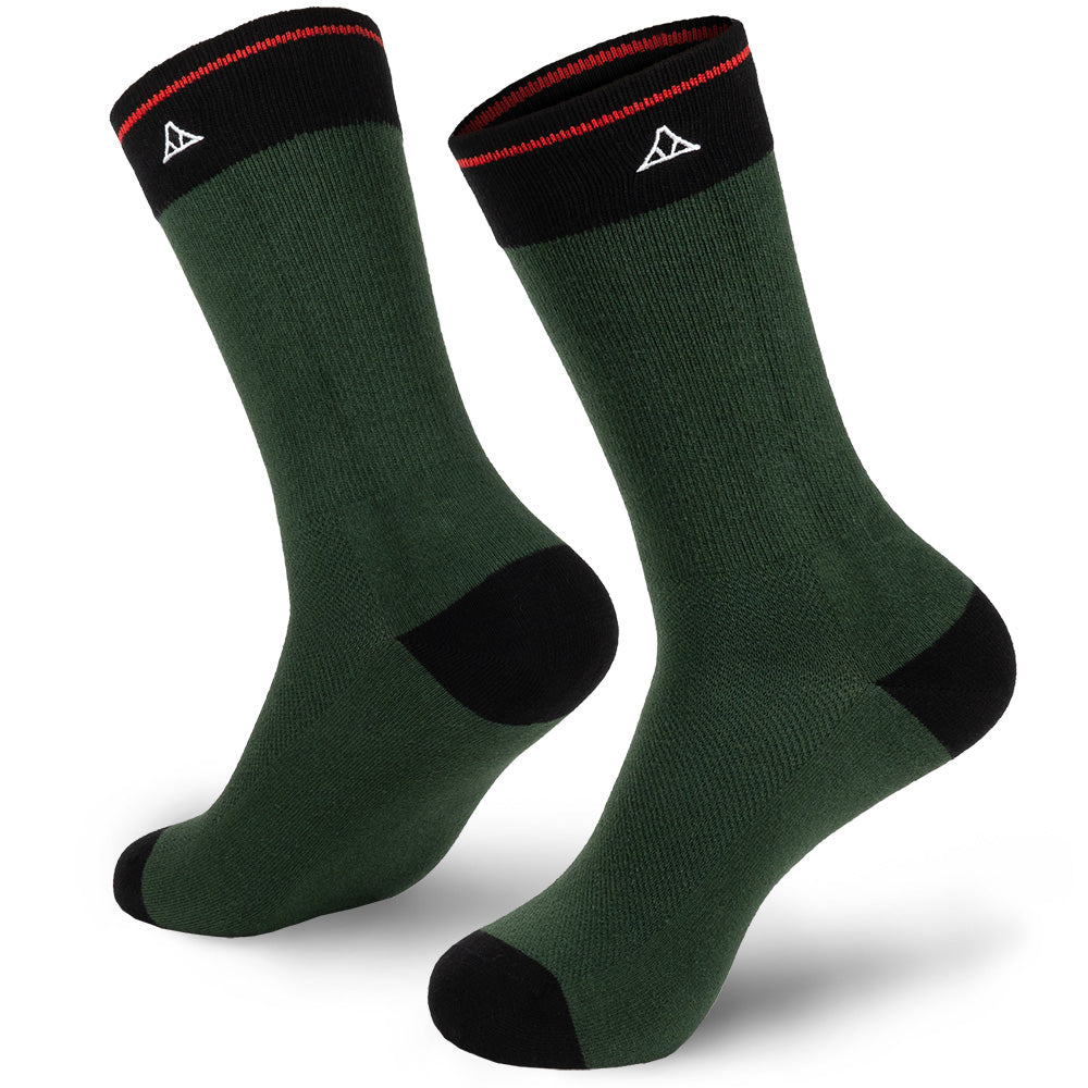 Forest Green cotton crew socks featuring black heel and toe padding.