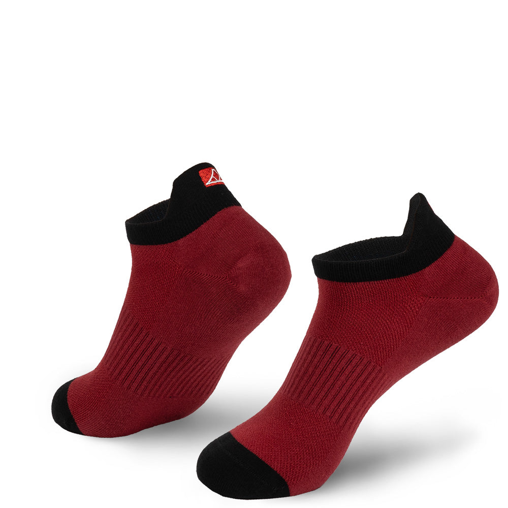 Crimson Red cotton no-show socks with black toe cap.