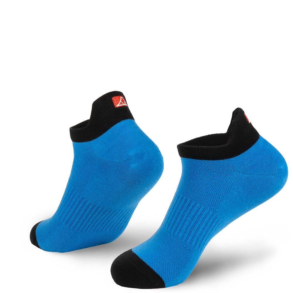 Fiji Blue cotton no-show socks with black toe cap.