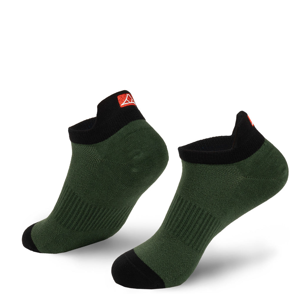 Forest Green cotton no-show socks with black toe cap.