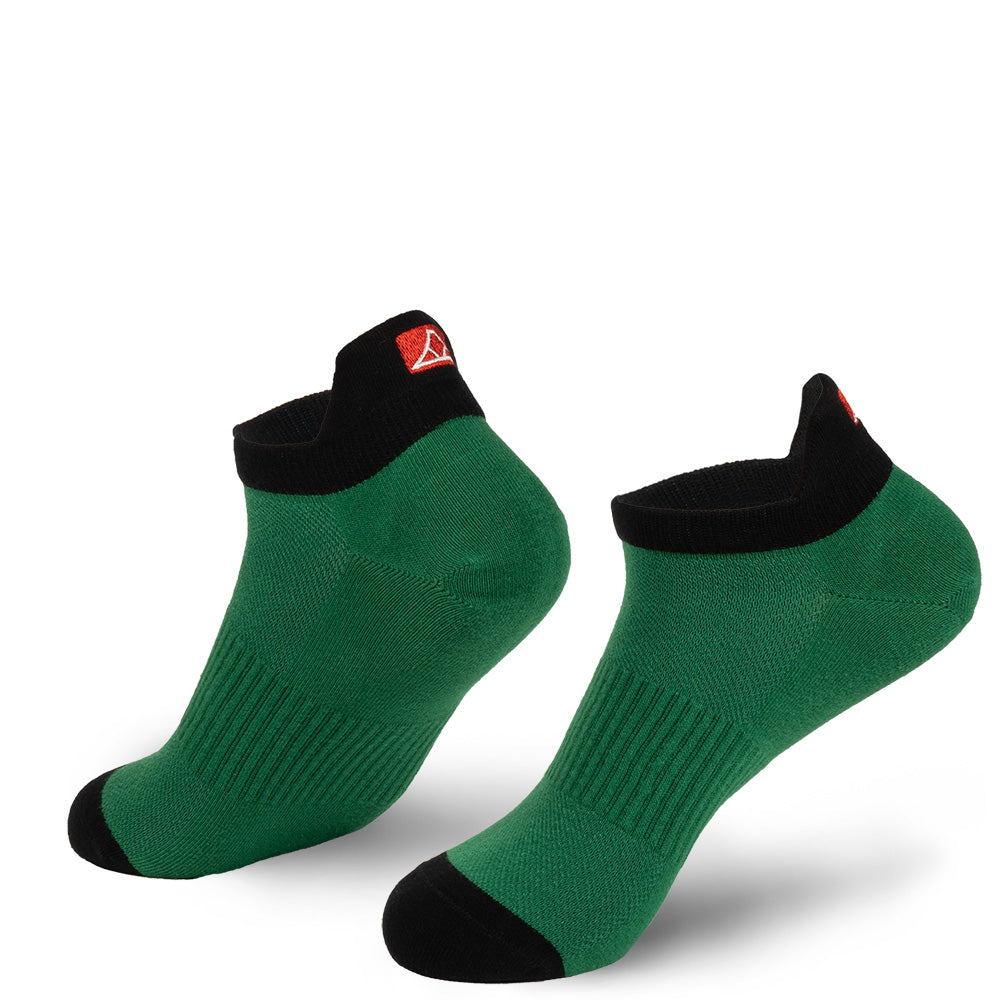 Leaf Green cotton no-show socks with black toe cap.