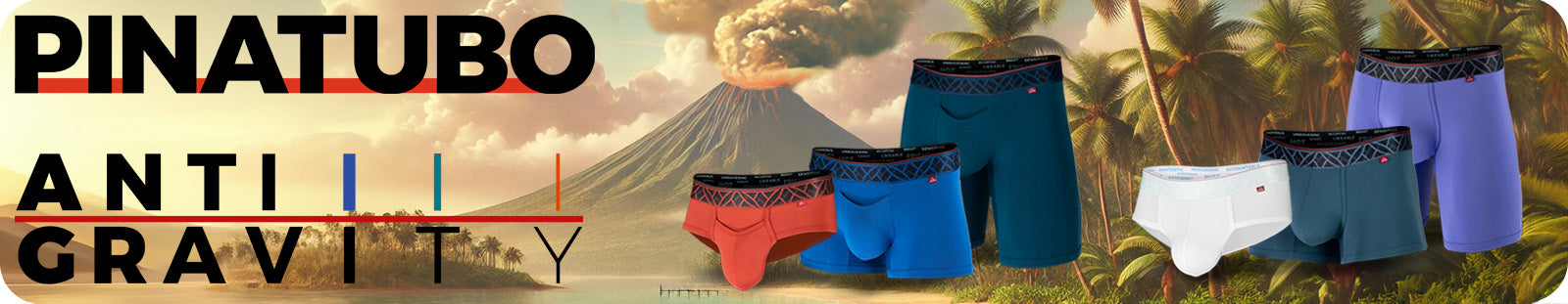 Men's underwear displayed with a scenic background featuring a volcano and hammock.