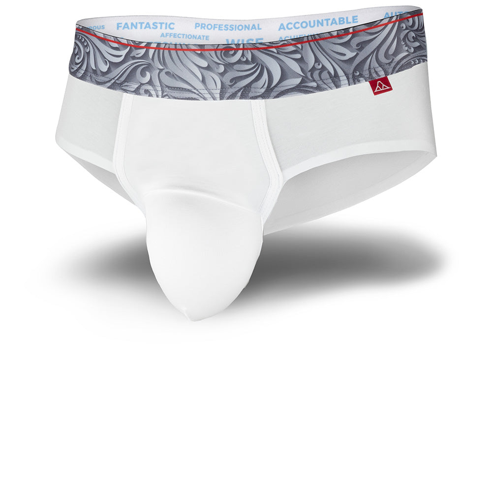 White men's underwear with patterned waistband on a white background