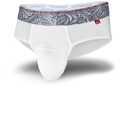 White men's underwear with patterned waistband on a white background