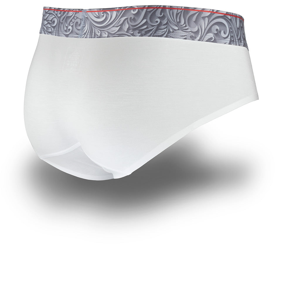 White underwear with patterned waistband on a white background
