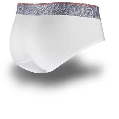 White underwear with patterned waistband on a white background
