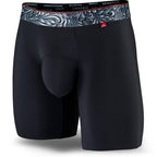 Black men's boxer briefs featuring a contoured "Caldera Pouch" for support, a grey patterned waistband, and a 7" inseam. Front Image.