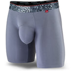 Light Grey men's boxer briefs featuring a contoured "Caldera Pouch" for support, a grey patterned waistband, and a 7" inseam. Front Image.