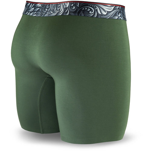 Dark Green men's boxer briefs featuring a contoured "Caldera Pouch" for support, a grey and green patterned waistband, and a 7" inseam. Back Image.