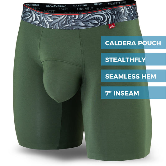 Dark Green men's boxer briefs featuring a contoured "Caldera Pouch" for support, a grey and green patterned waistband, and a 7" inseam. Front Image.