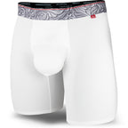 White boxer briefs with patterned waistband on a white background
