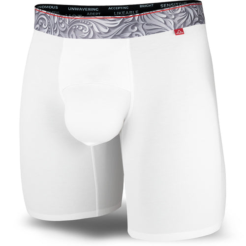 White boxer briefs with patterned waistband on a white background