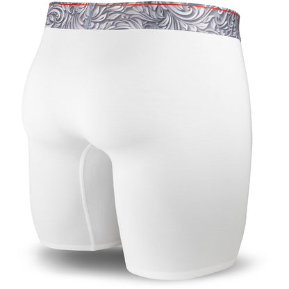 White boxer briefs with a patterned waistband on a white background